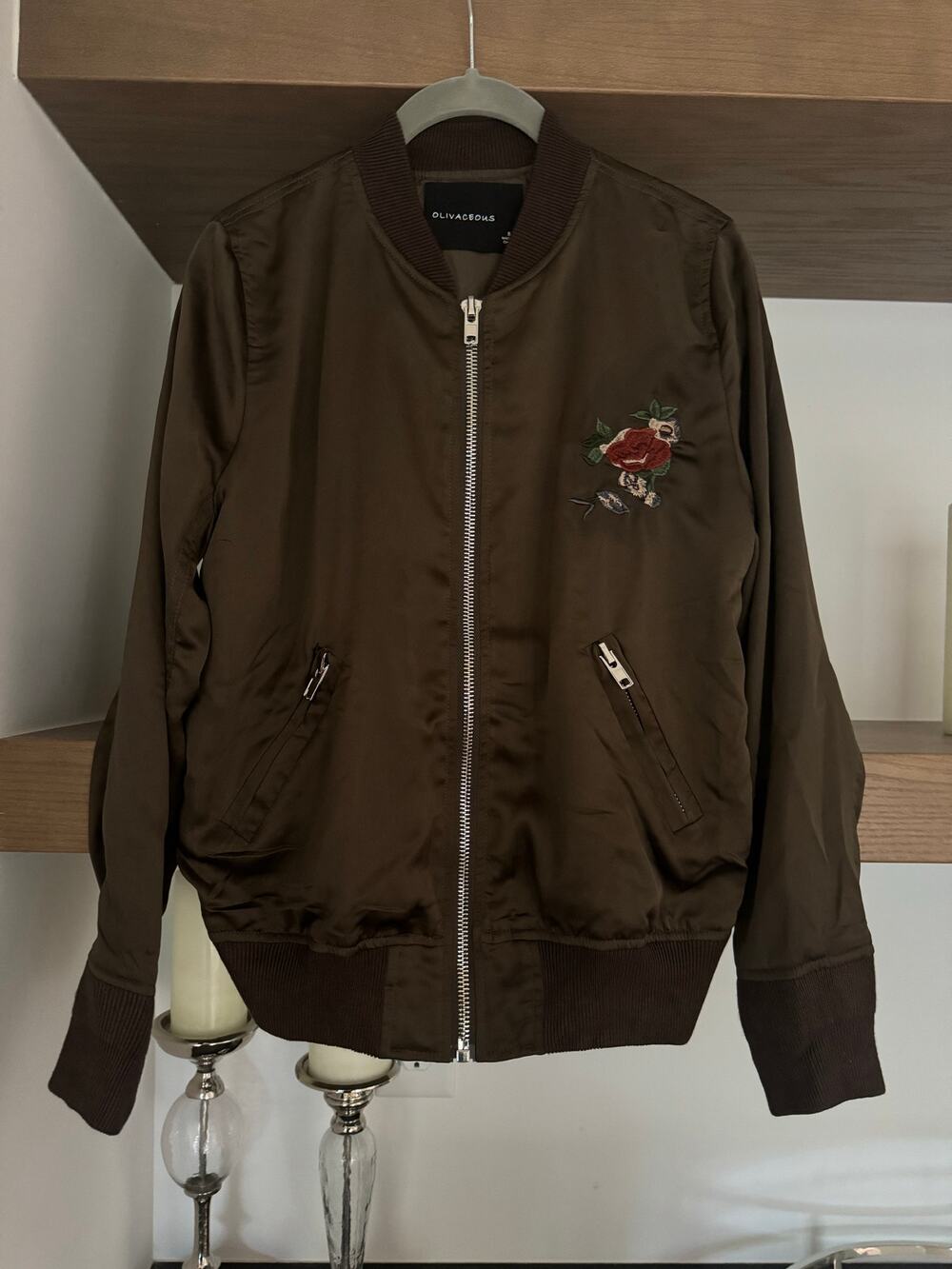 Olivaceous Embroidered, Satin Floral Bomber Jacket in Brown
